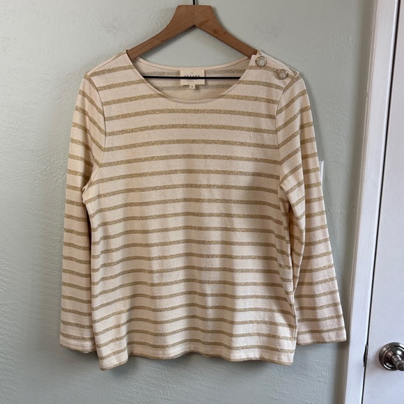 Sezane Tops - Sézane M Cream Gold Stripe Knit Top Metallic Button Shoulder Parisian Chic